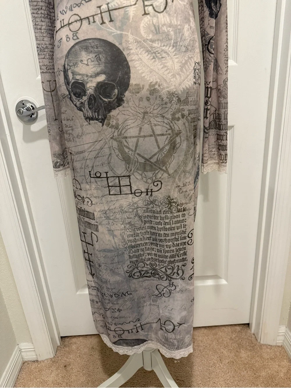 Gray Script & Skull Long Sleeve Sheer Maxi Dress - Picture 2 of 11
